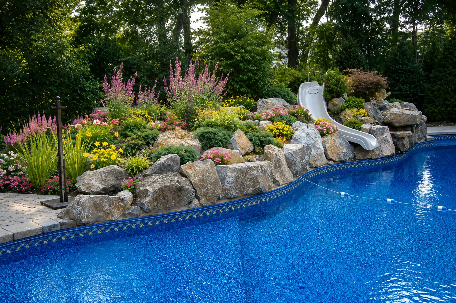Sparkling blue inground pool with a new vinyl liner, rock garden and slide