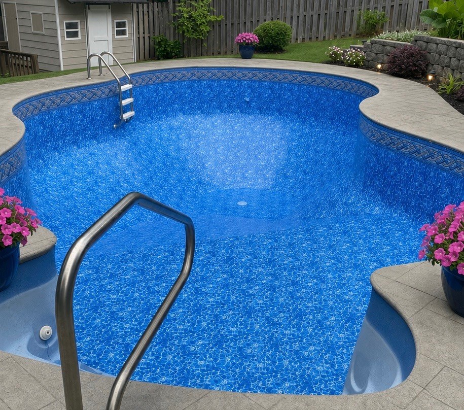 The same cloverleaf pool finished with a bright blue vinyl liner, tile border and landscaped patio